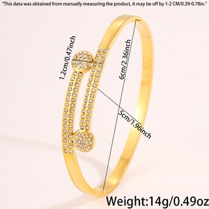 Detail shot of gold-plated titanium steel bracelet with pavé-set crystals and size specs