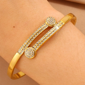 Macro shot of gold plated titanium steel bangle with double row pavé zircons