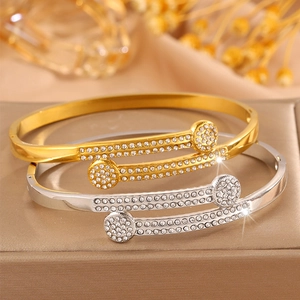 Elegant double-row pavé crystal titanium steel open bracelet in gold and silver finish