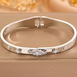 Hip hop silver stainless steel bangle with diamond clover and marquise zircon stones