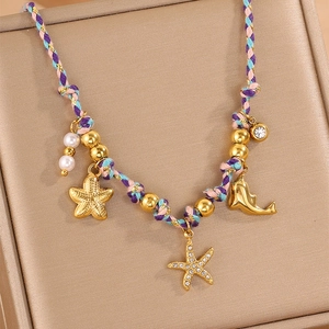 Collier de plage tressé avec pendentifs étoile de mer et baleine, perles colorées d'été