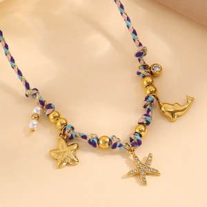 Collier tressé coloré avec breloques étoile de mer et baleine et perles pour plage d'été