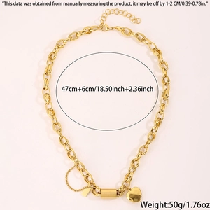 Detail view of gold Cuban link heart necklace with size and weight measurement data