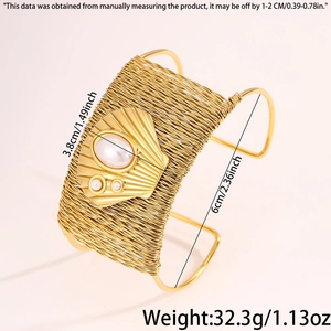 Detailed dimensions of gold woven wide bracelet with faux pearl and shell inlay