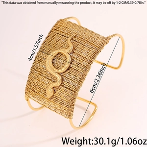 Detail of 4cm wide woven gold snake cuff bracelet with size and weight measurements