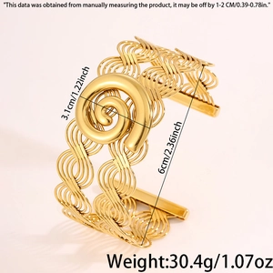 Detailed view of woven steel cuff bracelet with dimensions 3.1cm width and 6cm diameter
