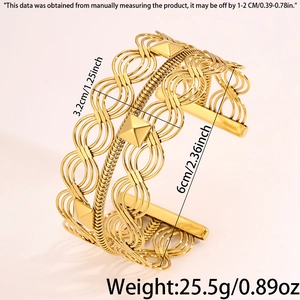 Detail view of gold woven cuff bracelet with dimensions 3.2cm width and 6cm diameter