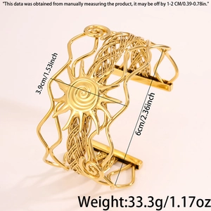 Detailed view of golden woven titanium steel bangle with sun totem and size dimensions