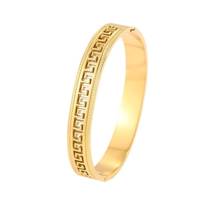 Polished gold stainless steel bangle featuring Greek key pattern and open design for women
