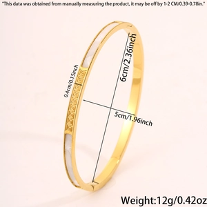 Detailed view of gold steel bangle with Greek meander patterns and white shells