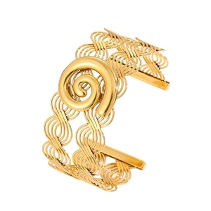 Ethnic bohemian gold braided open cuff bracelet with spiral metal design in stainless steel