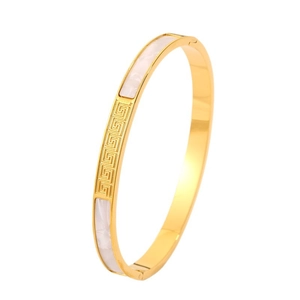 Gold stainless steel bangle with white shell inlay and Greek key engraving details