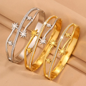 Bracelet Jonc en Acier Inoxydable Étoile à Huit Branches et Trèfle Zirconium Incrusté Double Couche Bijoux Mode Femme