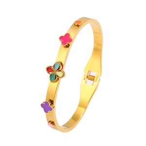 Bracelet jonc ouvert en acier inoxydable doré avec trèfle coloré et fleurs en émail