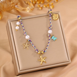 Collier en Corde Tressée Colorée Bohème pour Femmes Été Plage Coquillage Pendentif Étoile de Mer Bijoux en Acier Inoxydable Accessoires