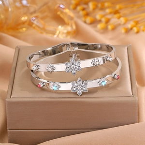 Polished stainless steel bangle set with snowflake star and multi-color crystals