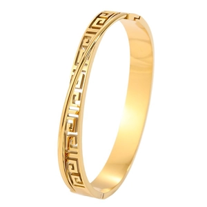 Modern gold titanium steel bangle with Greek key hollow pattern and cross design