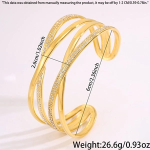 Dettagli della larghezza di 2,6 cm e diametro di 6 cm del bracciale a incrocio dorato