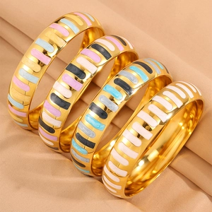 Western Fashion Titanium Steel Bangle For Unisex Electroplated Gold Enamel Colorful Striped Round Wide Surface Open Cuff Bracelet Luxurious Daily Jewelry Gift