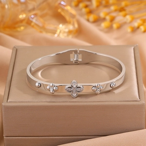 Close-up of silver steel bangle with crystal clover and beaded edge detail