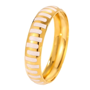 Polished gold stainless steel wide bangle with white enamel pattern on white background