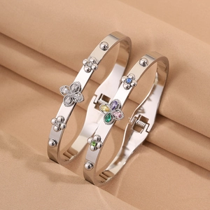 Stainless Steel Bangle For Women Inlaid Cubic Zirconia Clover Star Pattern Polished Silver Tone Jewelry For Party Dating