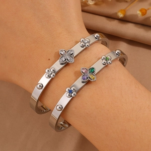 Polished stainless steel four-leaf clover bangles with colorful zircon inlay for women