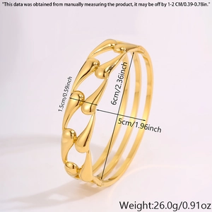 Detail view of gold hollow teardrop link bangle showing dimensions and hinge closure