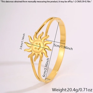 Detail view of gold sun face bangle showing precise 6cm diameter and 20.4g weight data