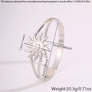 Detailed view of silver stainless steel sun smiley face bangle with size measurements