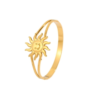 Elegant gold-plated stainless steel hollow bangle featuring a radiant sun smiley face pendant