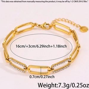 Detailed size view of an 18k gold plated stainless steel bracelet with rhinestone links