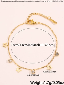 Detailed view of stainless steel chain with star charms and zircon stones showing length 17cm