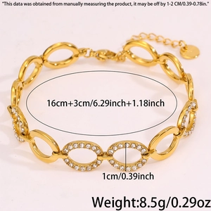 Detail of gold-plated chain bracelet with rhinestone pavé and adjustable lobster clasp