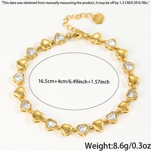 Detailed view of 18k gold plated stainless steel heart bracelet with size measurements