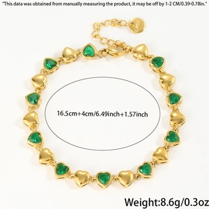 Detail showing 16.5cm gold heart link bracelet with green stones and lobster clasp