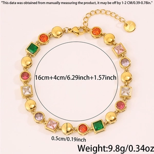 Macro detail of gold stainless steel bracelet with square and round colorful gems