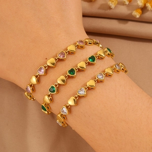 Titanium steel heart-shaped bracelets with pink and green crystal stones for women