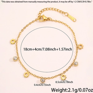 Detail view of titanium steel gold chain bracelet with sun and diamond pendants size specs