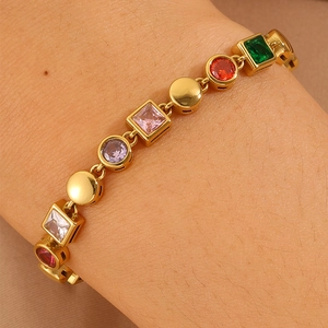 Elegant gold plated stainless steel bracelet featuring vibrant multi-color cubic zirconia