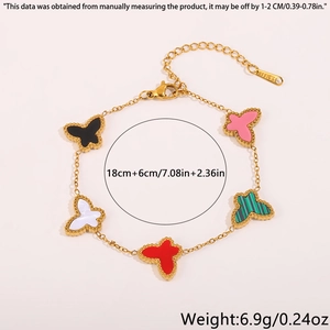 Detail showing five-color butterfly charms and stainless steel lobster clasp on gold chain