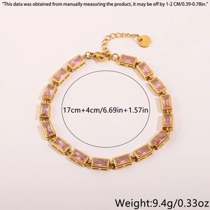 Detailed view of pink zircon gold bracelet featuring a rectangular cut and lobster clasp