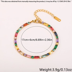 Detail of colorful zircon gold bracelet featuring lobster clasp and 18K gold plated tag