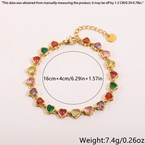Detail view of gold heart bracelet featuring colorful gemstones and length dimensions