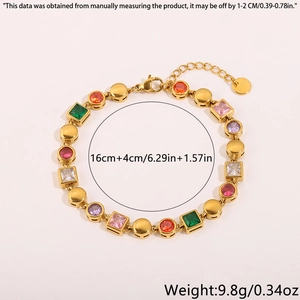 Detailed close-up of a gold chain bracelet featuring colorful square and round zircon gems