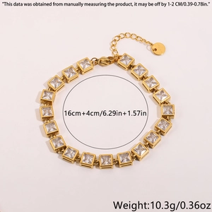 Detailed view of 16cm golden titanium steel bracelet with square cubic zirconia and 4cm chain