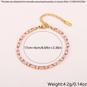 Detail view of gold titanium bracelet with pink gems and K18 tag for length adjustment