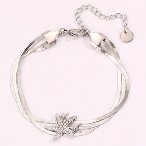 Détail d'un bracelet triple chaîne serpent argenté avec breloques étoiles de mer et strass