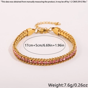 Detail of gold titanium bracelet with pink rhinestones and 5cm extension chain