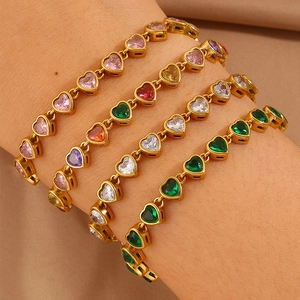 Heart Shaped Rhinestone Stainless Steel Bracelet For Women Gold Plated Colorful Crystal Heart Link Chain Jewelry Gift